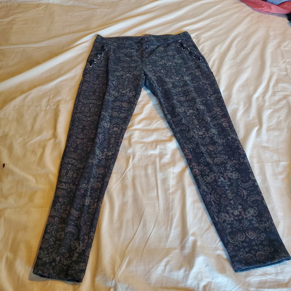Verve Blues Womens M Floral Tapestry Lace Up Velvet Ribbon Slim Leg Pants Blue